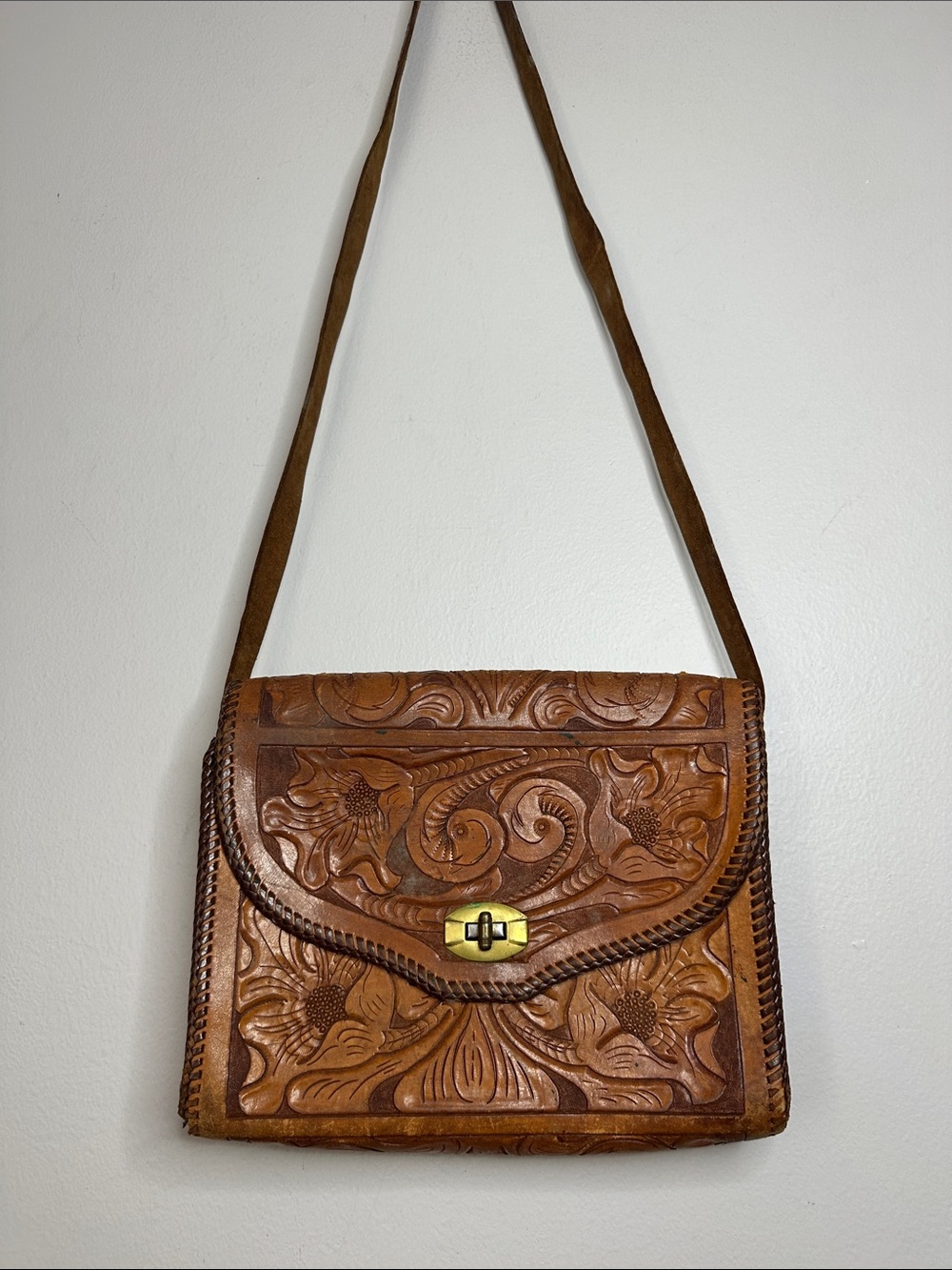 Hand-Tooled Brown Leather Crossbody Bag